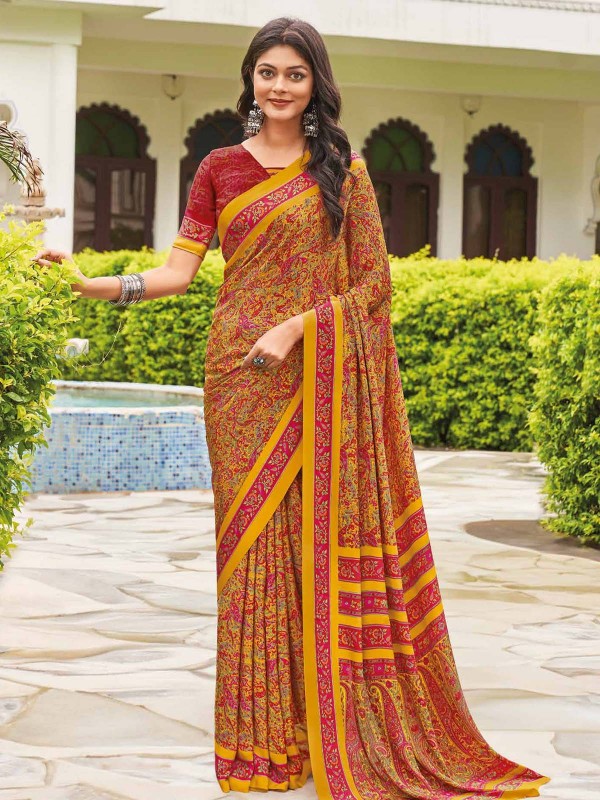 Mustard Yellow Crepe Silk Digital Print Saree